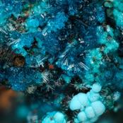 Acicular Zálesíite and various blue minerals from Jean Baptiste Mine, Kamariza Mines, Agios Konstantinos, Lavrion, Greece
FOV: 2.38 mm